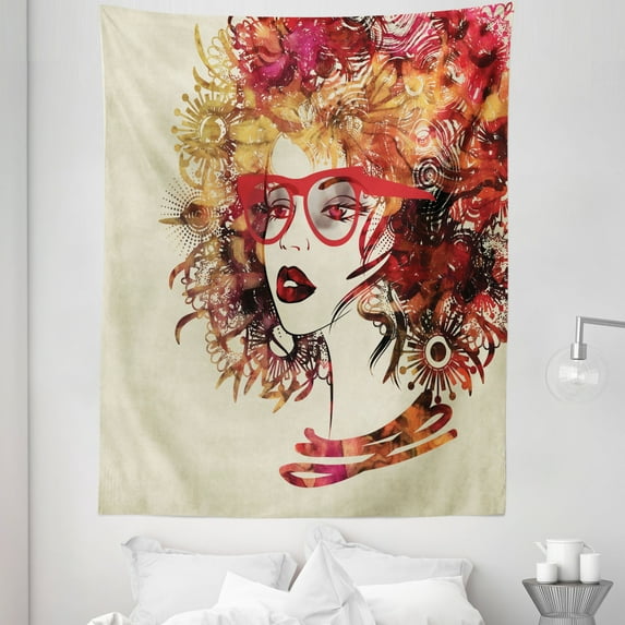 Watercolor Tapestry, Retro Hippie Afro Hair Lady with Glasses and Abstract Flourishes, Fabric Wall Hanging Decor for Bedroom Living Room Dorm, 5 Sizes, Grey Yellow and Dark Pink, by Ambesonne