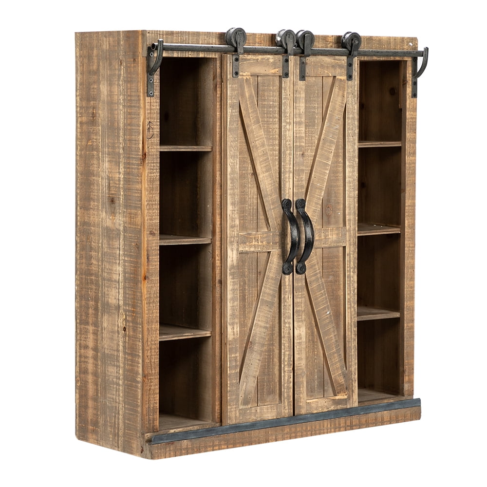 Wood Wall Storage with Two Sliding Barn Doors, Rustic Brown