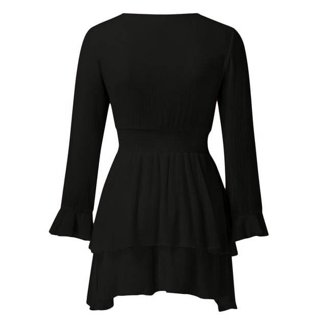 Robes Grande Taille Nœud devant Col en V Volants Manches Longues Imprimé Floral Robe Mini Femme Noire L
