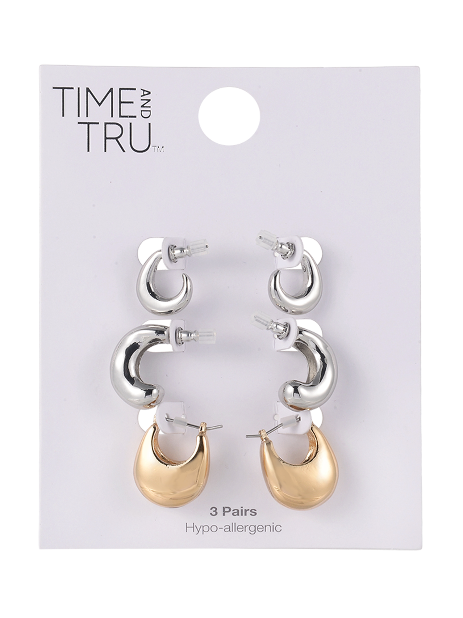 Time and Tru Goldtone and Silvertone 3-On Thick Deep Hoops and C-Hoop Earring Set