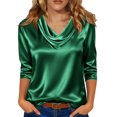 thumbnail image 1 of Hecho para Más Camisa Mujeres Elegante Draped Escote Plisado Cuello de Satén Tres Cuartos de Manga Blusa, Tops de Satén para las Mujeres Chic Casual, 1 of 7