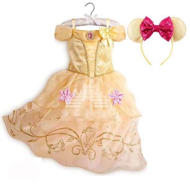 Vestido de Encaje amarillo con bordado de flores para niña, traje de princesa de La Bella y La Bestia para Halloween, fiesta Fivean unisex