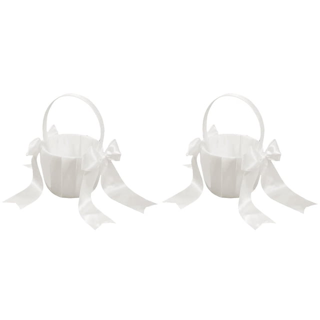 Paquete de 2 cestas blancas para niñas con flores, cestas para bodas, bonitas cestas de satén para niñas con flores