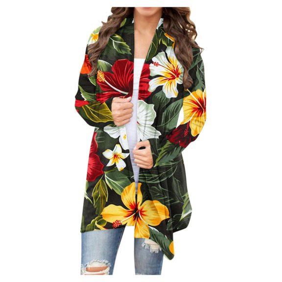 Dwaogom Women's Open Front Cardigan Shirt with Pockets Long Sleeve Lightweight Floral Printed Coat