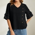 thumbnail image 5 of RQYYD Womens Short Sleeve V Neck Button Ruffle Tops Casual Linen Blouses Loose Fit Tee Shirts Daily Clothes, 5 of 7