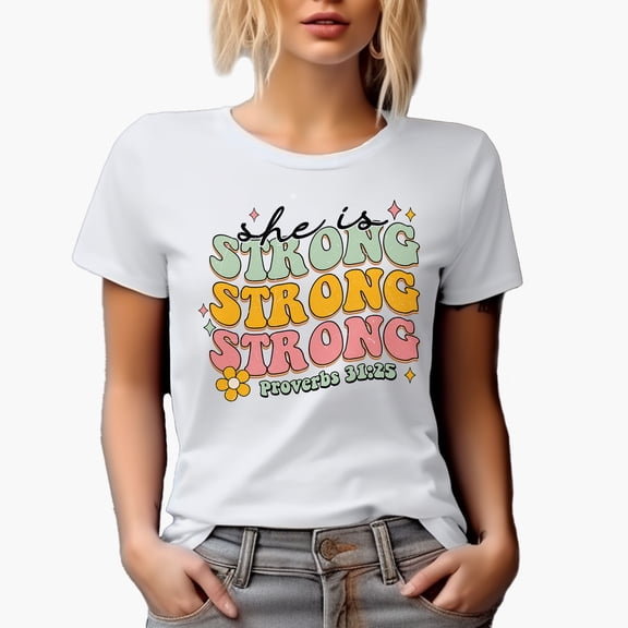 Distressed She Is Strong, Proverbs 31 25 - Retro Wavy Scripture Text Art, Christian Merch Gift, White T-Shirt, Small