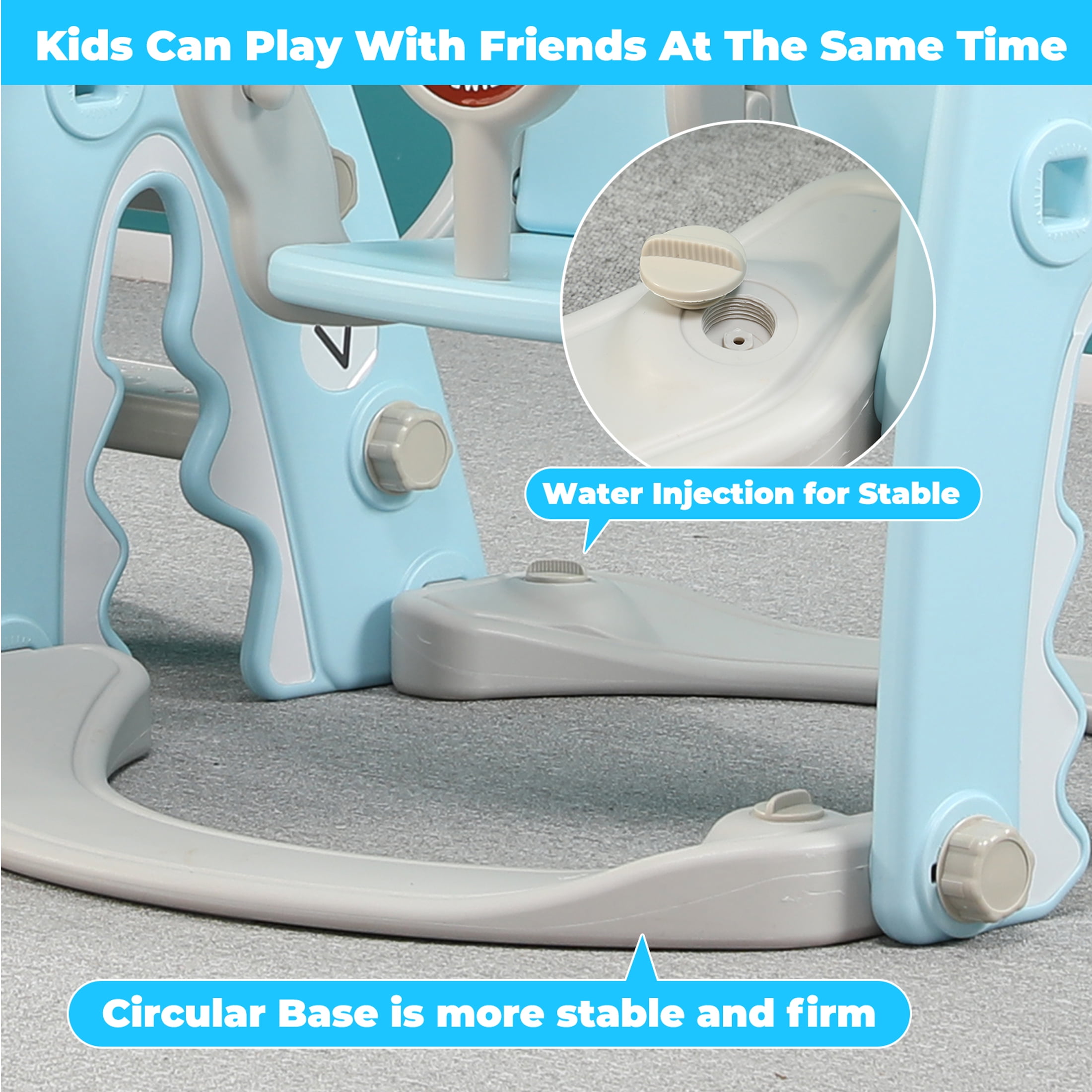 Ealing Slide and Swing Set for Toddlers Age 1-3,4 in 1 Indoor Outdoor Baby Swing Toys Playset with Basketball Hoop,with Safety Belt ,Extra Long Slide 53.1  in,Blue