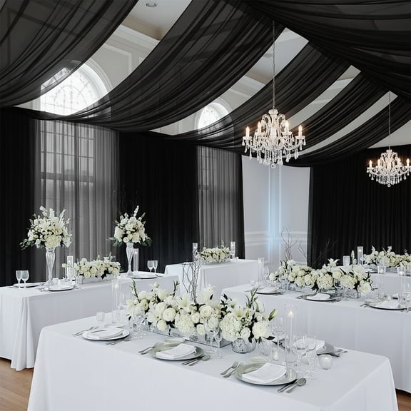 Efavormart Black Chiffon Drape Curtain, Durable Flame Resistant Backdrop and Ceiling Panel With Rod Pocket - 5ftx20ft
