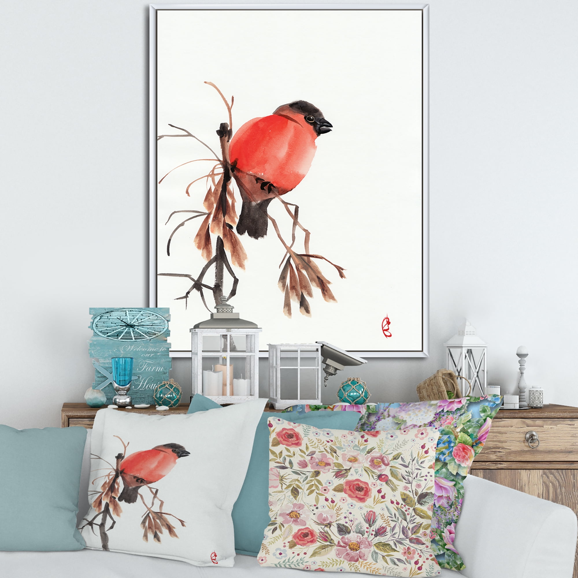 Designart 'Red Bullfinch Bird Sitting On A Branch' Traditional Framed Canvas Wall Art Print