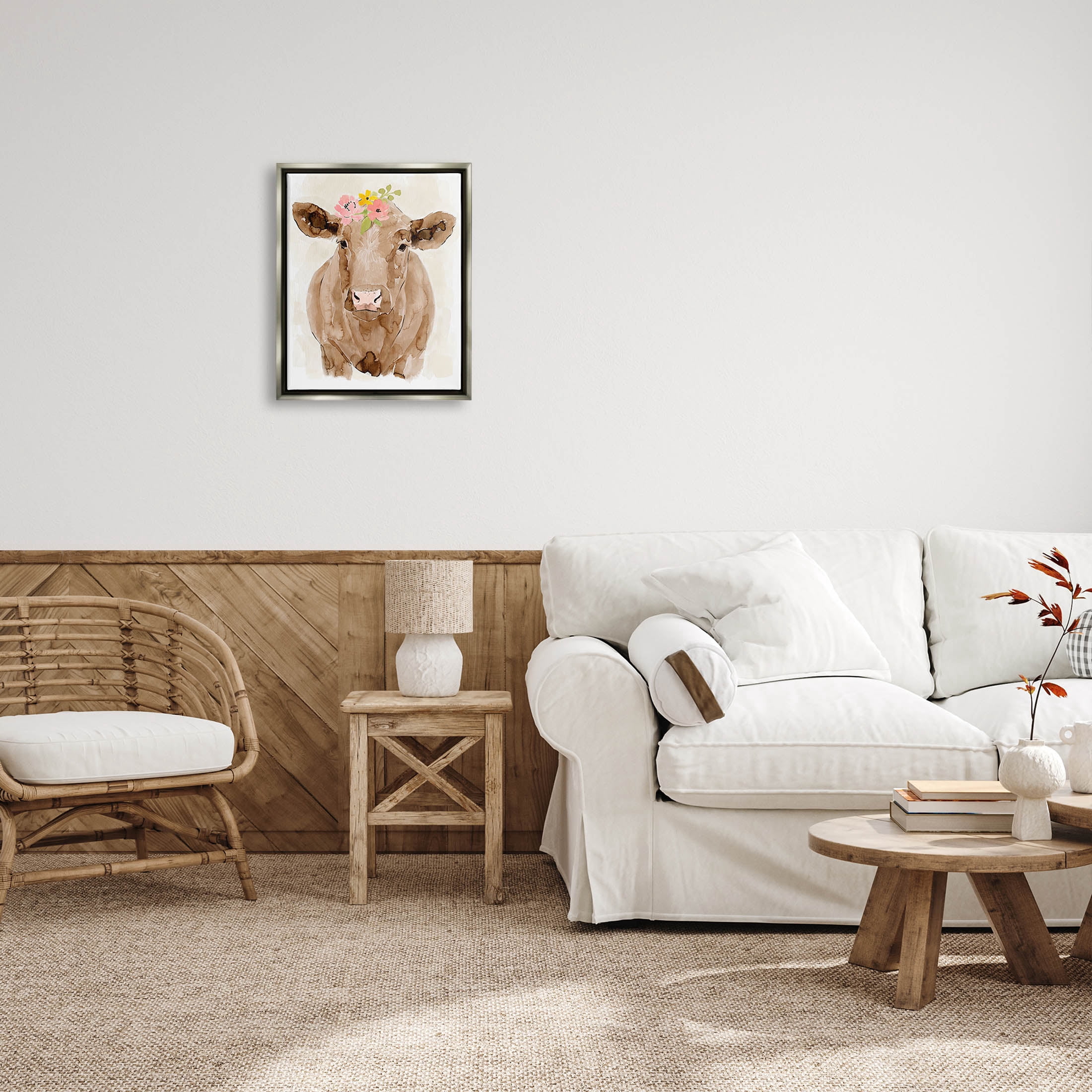 Delicate Blooms Cow Portrait Animals & Insects Graphic Art Luster Gray Framed Art Print Wall Art