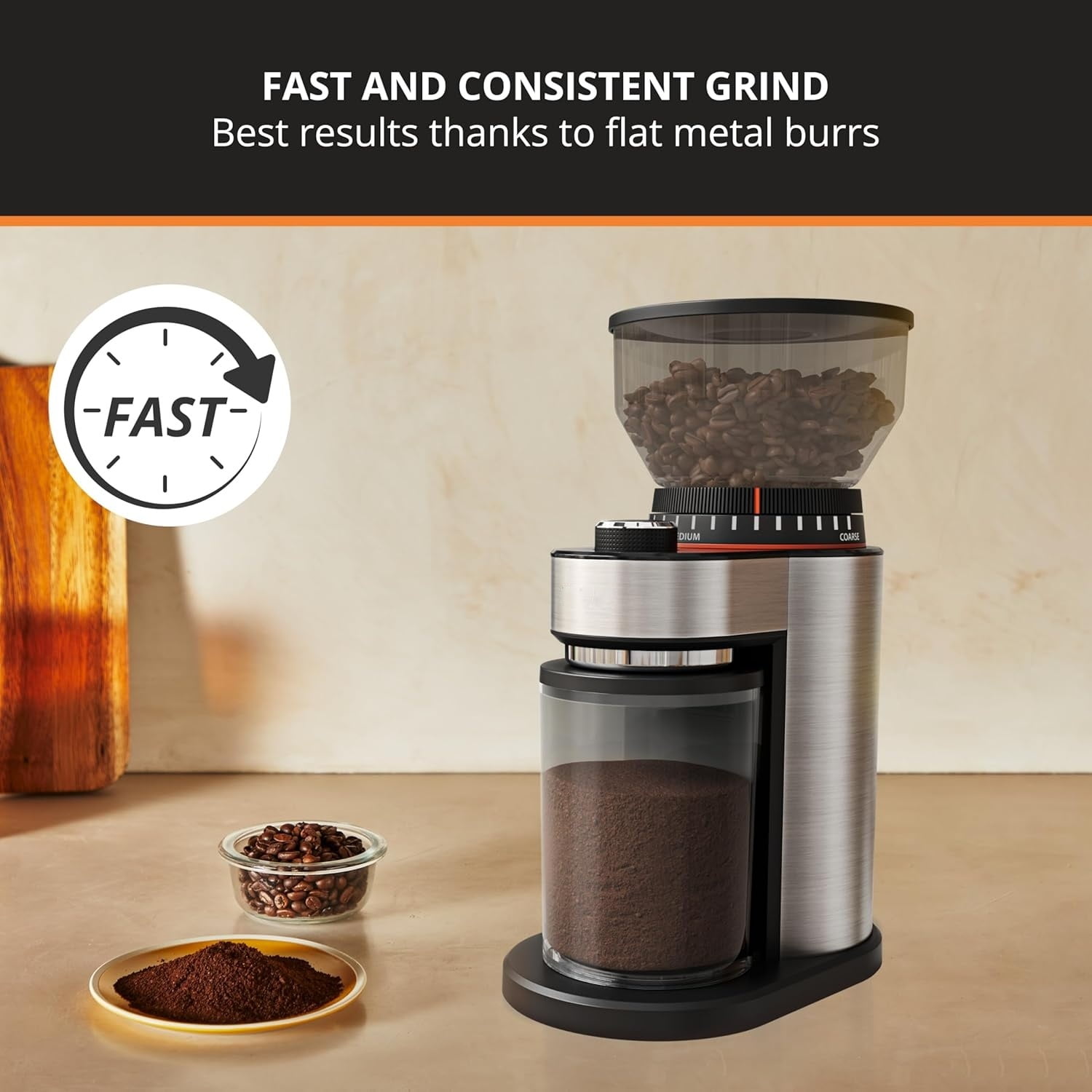 Flat Burr Coffee Grinder Electric, 18 Adjustable Grind Settings, 2-20 Cups per Grind, Single Touch, Coffee Bean and Spice Grinder, Stainless Steel, Black