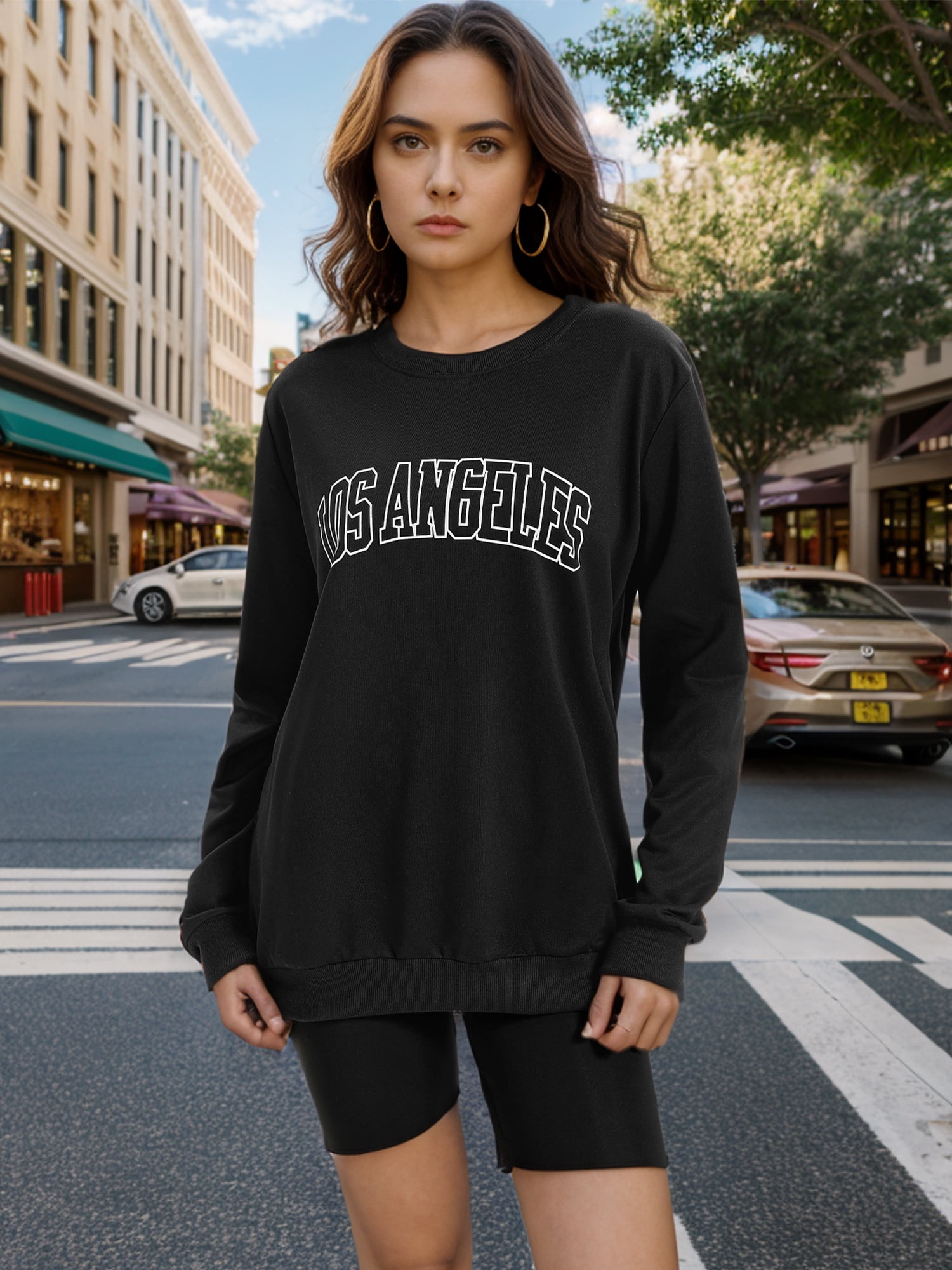 DARING DIVA Women's Sweatshirt Crew Neck Long Sleeve Pullover Shirts L Black Print