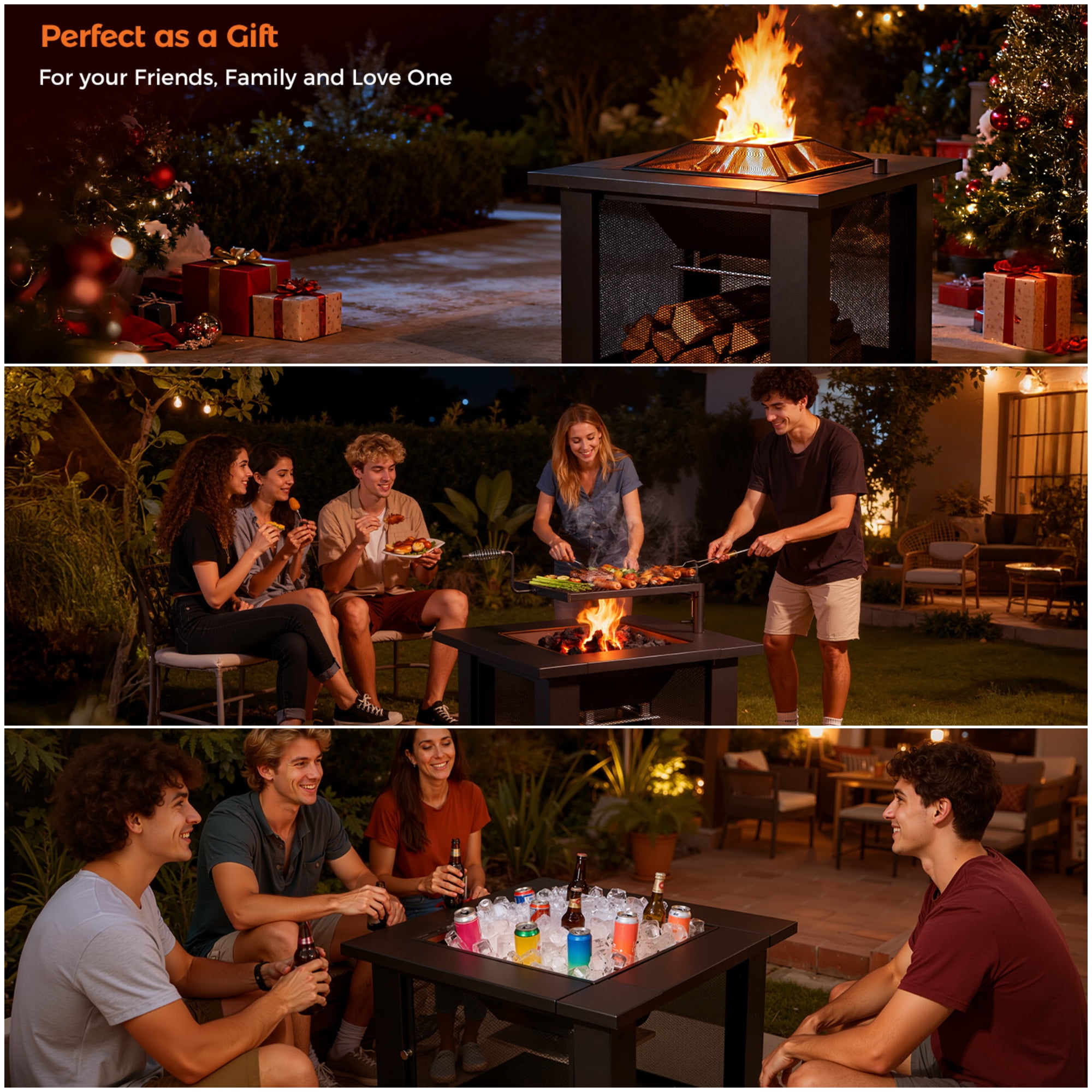 BALI OUTDOORS 3 in 1 Square Fire Pit with Grill, 31 inch Wood Burning Firepits with Poker for Patio, Backyard