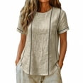 thumbnail image 6 of ClodeEU Women's Striped Round Neck Short Sleeve Blouse,Casual Summer Linen Blend Tee Beige,Women's Plus M, 6 of 9