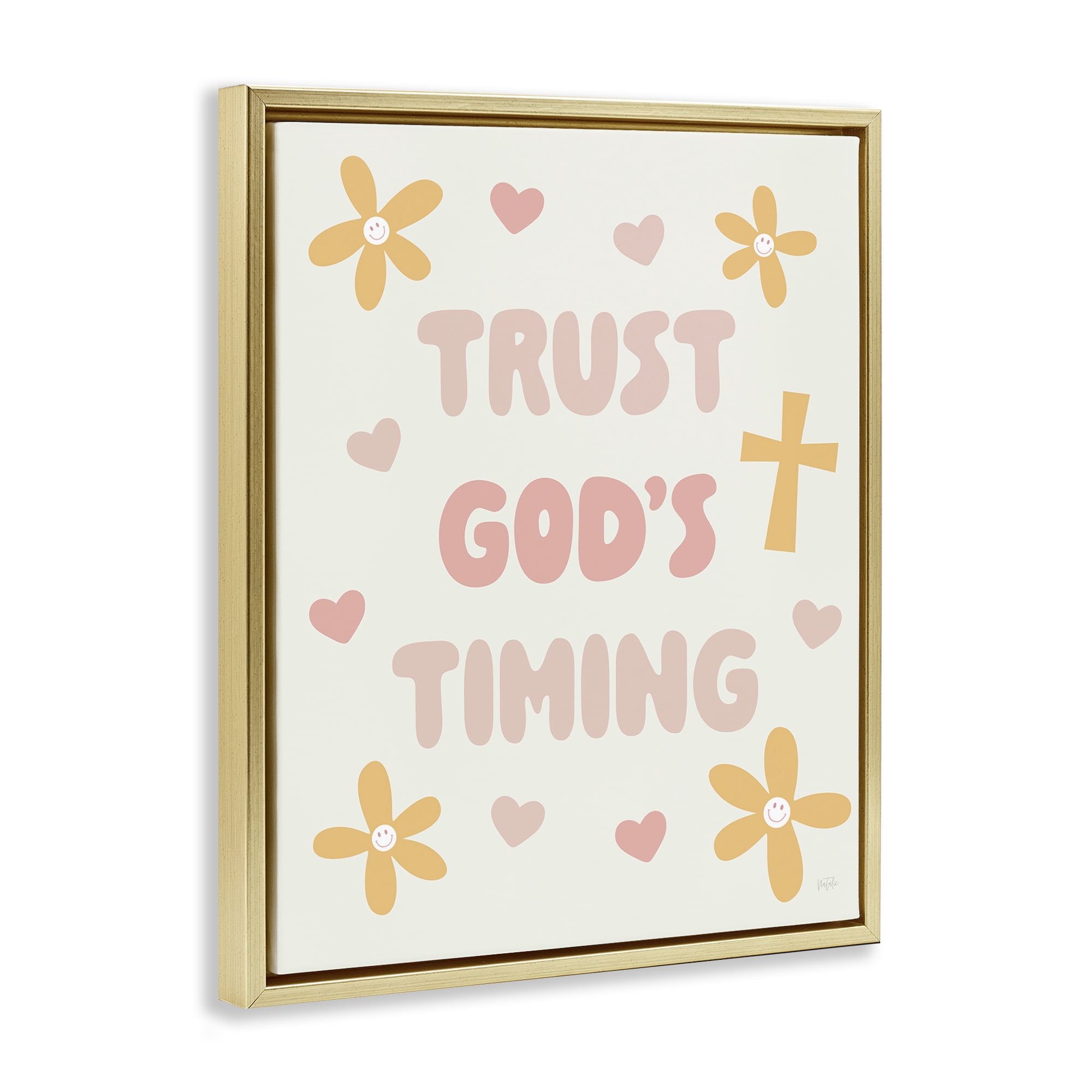 Stupell Industries Retro Trust God's Timing Gold Framed Floater Canvas Wall Art, design by Natalie Carpentieri