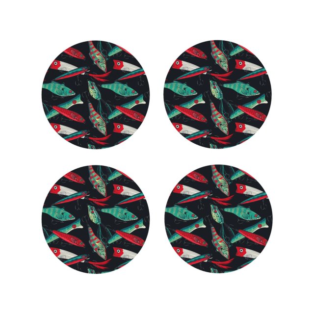 KLL Fishing Lure Print Drink Coasters Set of 4,PU Leather Absorbent Coasters Set Decorative Coffee Cup Coasters Housewarming Gift for Home Decor-Round Shape