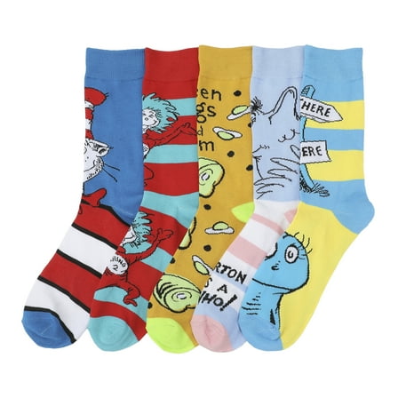Dr. Seuss Book Characters Adult 5-Pair Casual Crew Socks-OSFA