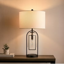 KAWOTI 25.25 in. Bronze Table Lamp with Night Light Bulbs, Glass Shade and White Linen Shade