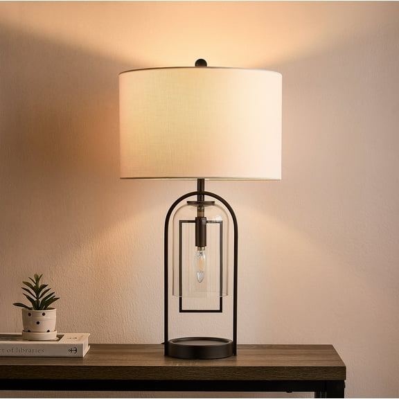 KAWOTI 25.25 in. Bronze Table Lamp with Night Light Bulbs, Glass Shade and White Linen Shade
