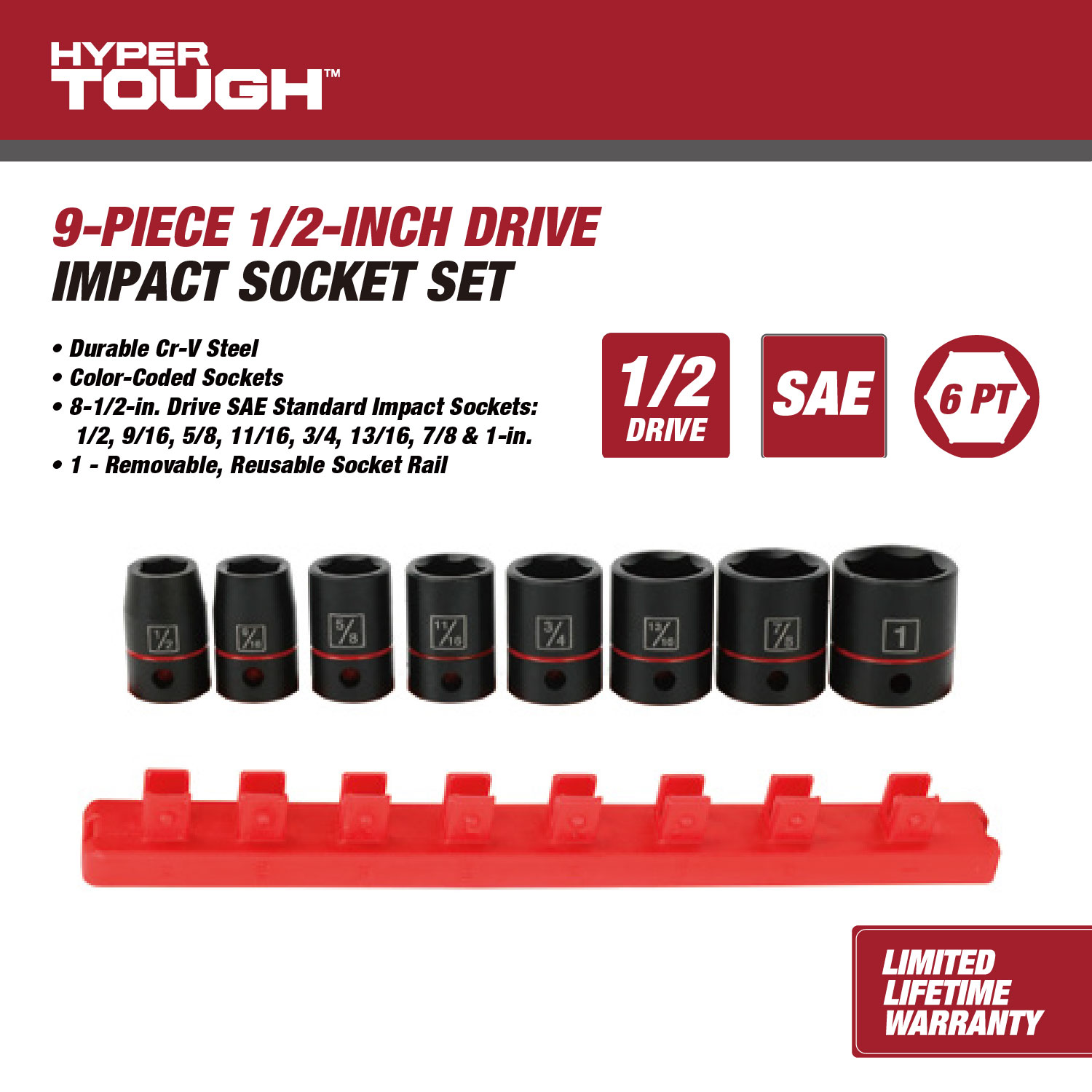 Juego de 9 Dados de Impacto de 1/2 Pulgada Hyper Tough (SAE) 2