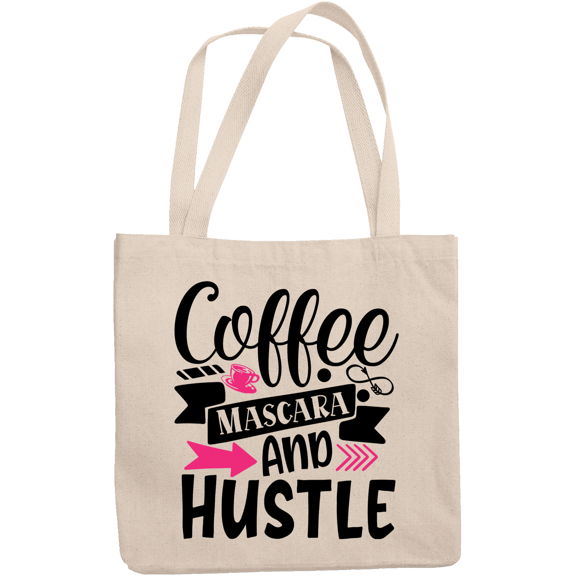 12oz Canvas Tote Bag - Coffee, Mascara and Hustle with Artsy Design - Beauty Themed Merch for Makeup Artist or Cosmetologist, Gift for Makeup Lovers & Beauticians