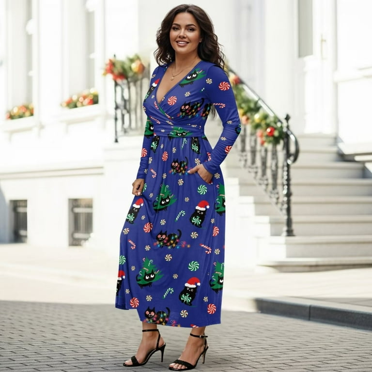 FKELYI Blue Christmas Snowflake Cat Print Womens Fall Maxi Dress V