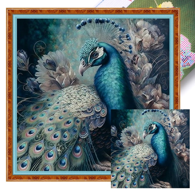 (11CTACC-2444__C__ 40x40) hilo algodón ecológico bordado 11CT 3 hebras impresión 40*40cm kit serie punto cruz pavo real