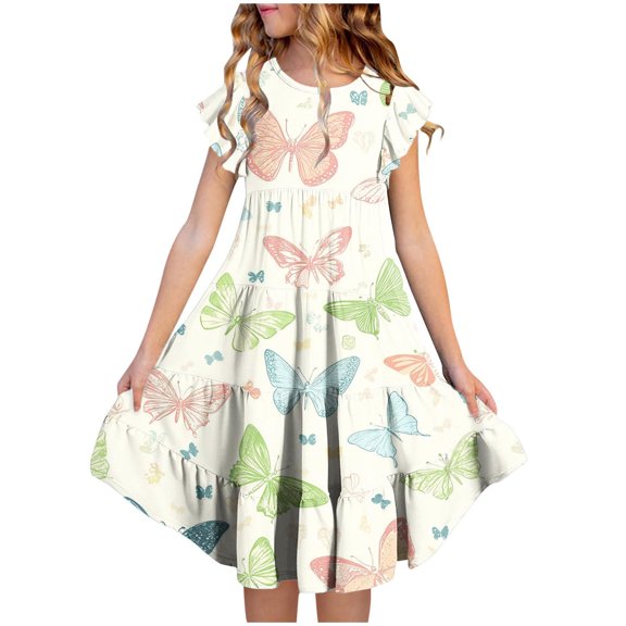 Girls' Swing Dress, Crew Neck Ruffled Sleeve Fashion Printed Short Sleeve Flowy Casual Cute Trendy Dresses