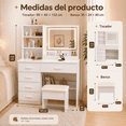 thumbnail image 2 of Zocalo Tocador con Espejo LED y Banco, Set de 2 Piezas, Tocador de Maquillaje con 5 Cajones y Estantes de Almacenamiento, Espejo con Luz Ajustable de 3 Tonos, Blanco, 2 of 8