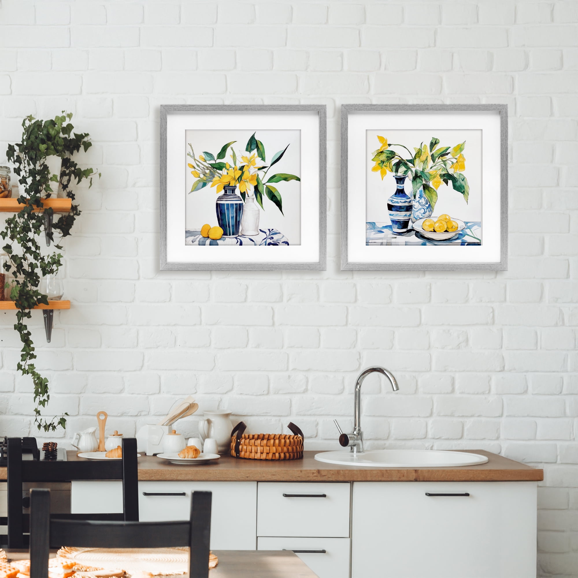Stupell Industries Lemon Blooms Table Setting 2 Piece Gray Framed Print Under Glass Set, design by Ray Powers