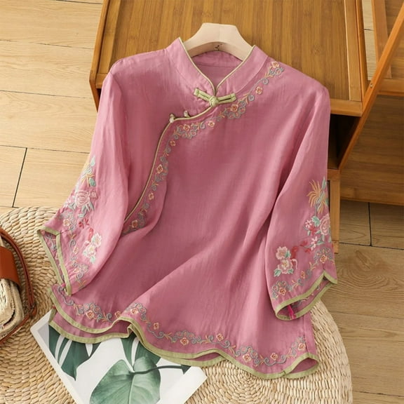 Viluyesy Round Neck Button T-Shirt for Womens Embroidery 3/4 Sleeves Shirt Tops Cardigan Button Cotton Loose Blouse Hot Pink Size 4XL