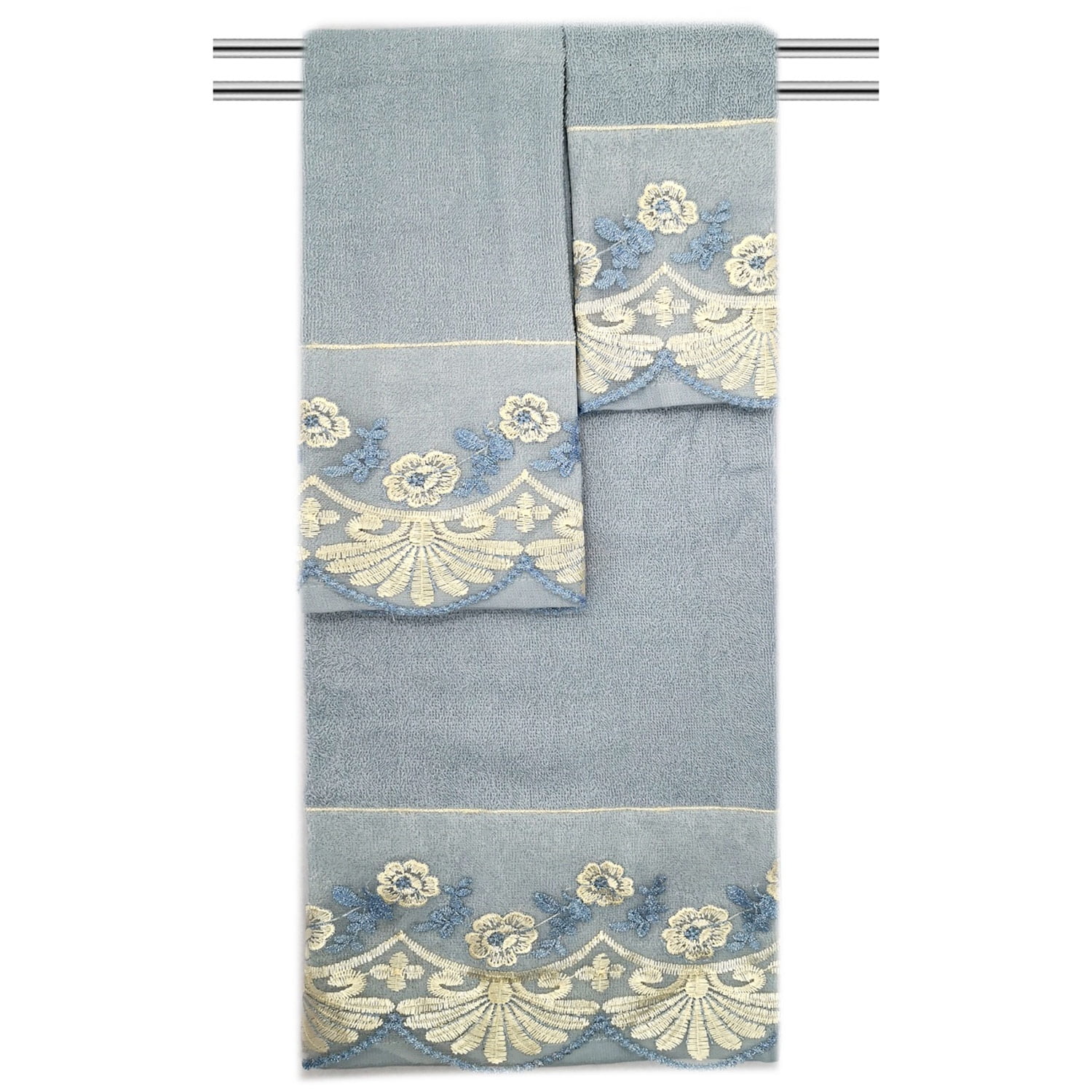 Jules 3Piece Floral Embroidered Cotton Decorative Bath Towel Set, Blue
