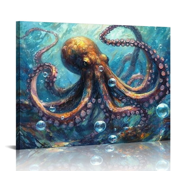 ZFLMY Octopus wall art bathroom decoration marine animal canvas print picture nautical marine animal coast beach village marine life artwork bedroom living room home décor 16x12in