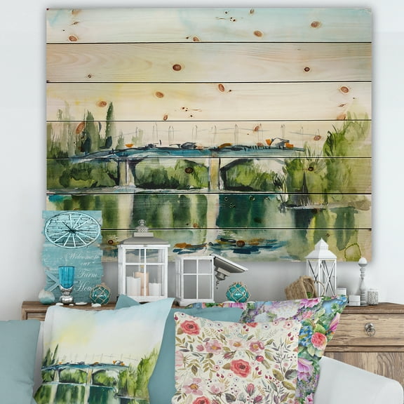 Designart 'Landscape With Old Bridge Over River In The Countryside' Traditional Print on Natural Pine Wood