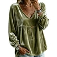 thumbnail image 4 of Vinsonshop Womens Peplum Velvet Blouses Elegant Long Sleeve V Neck Tops Lace Trim Velvet Babydoll Shirts Green S, 4 of 5