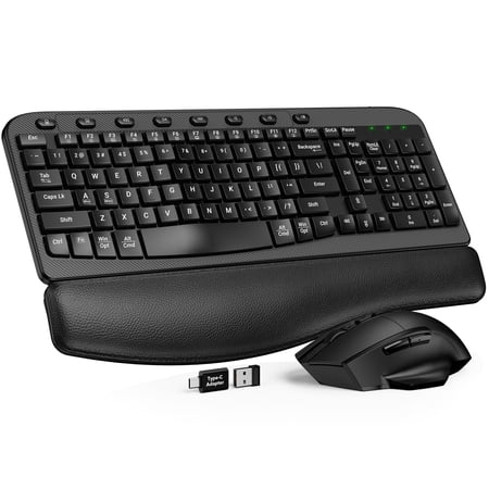 Ergonomic Wireless Keyboard and Mouse Combo, Leather Cushioned Palm Rest, Wave Keys, Silent Typing, 2.4G Lag-Free-Wagpak
