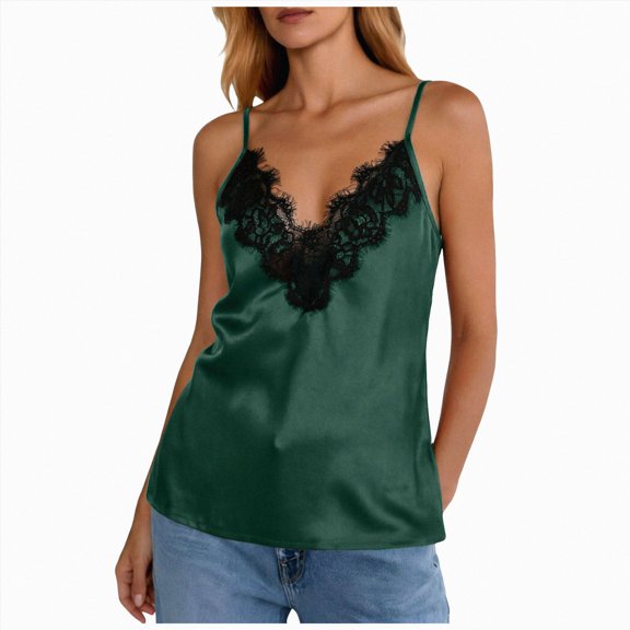 Mnuaqn Women's Satin Lace Camisole Top V Neck Sleeveless Going Out Party Tank Tops (Dark Green,XXL)