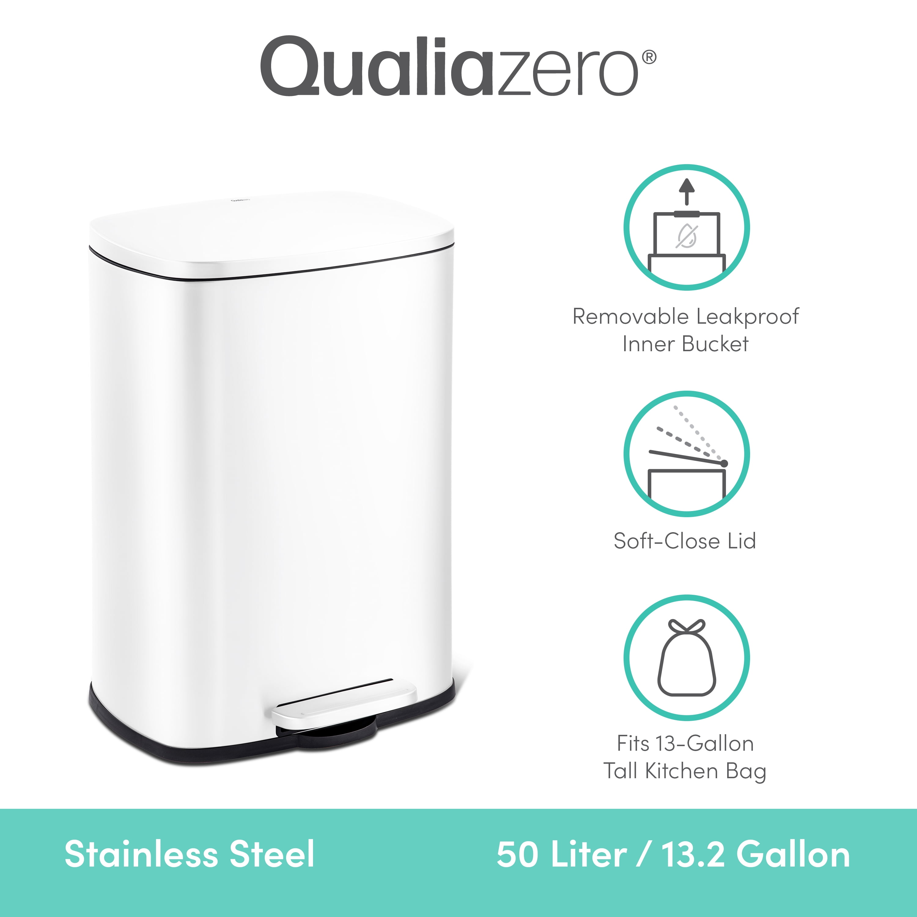 Qualiazero Kitchen Trash Can, 13.2 Gallon Stainless Steel Step Garbage Bin with Soft Close Lid, White