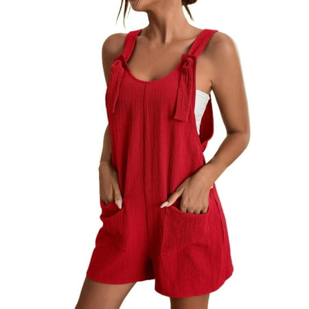 Kcodviy Women s Tie Shoulder Overall Women Cotton Rompers and Jumpsuits Shorts Scoop Neck Romper Winter Bodysuit for Women Jumpsuit with Pocket