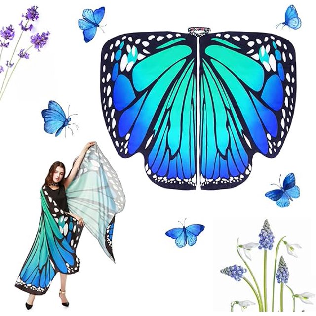 Chal de alas de mariposa Disfraz de mariposa para adultos Tela suave Bonitas alas de mariposa para mujer Accesorio de disfraz para carnaval/fiesta/baile/mascarada/Halloween - azul y verde