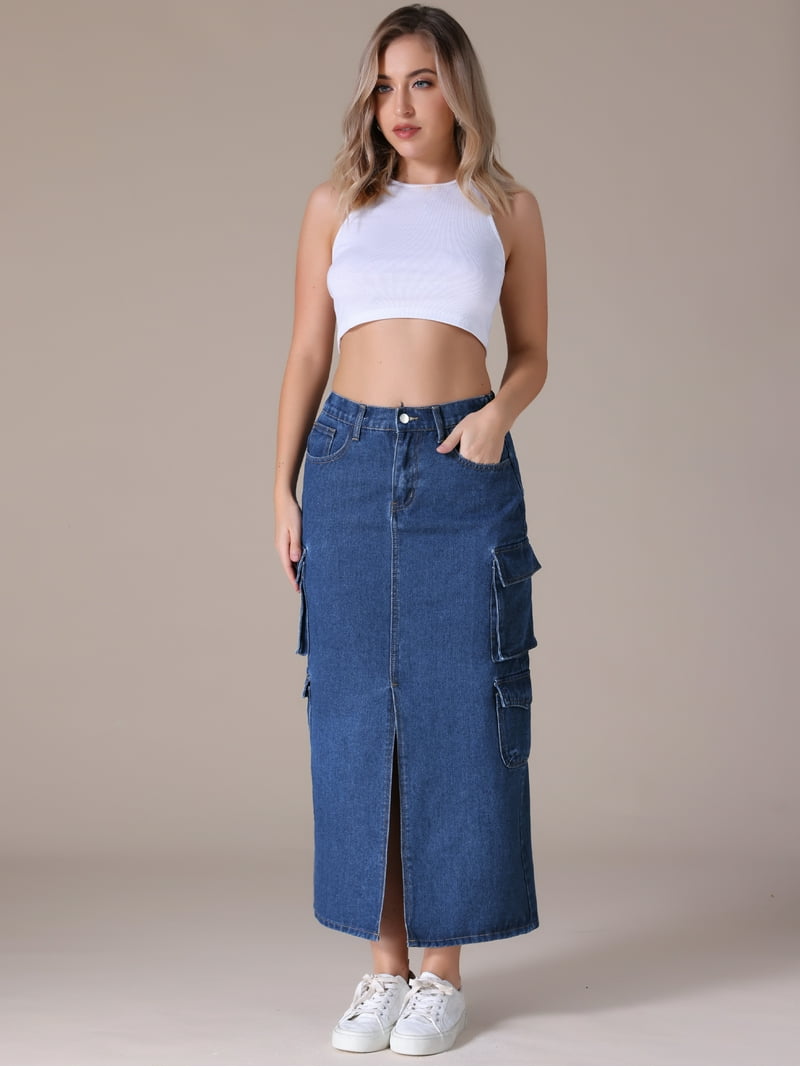 Unique Bargains Women's Front Split Flap Pockets Maxi Denim Skirt