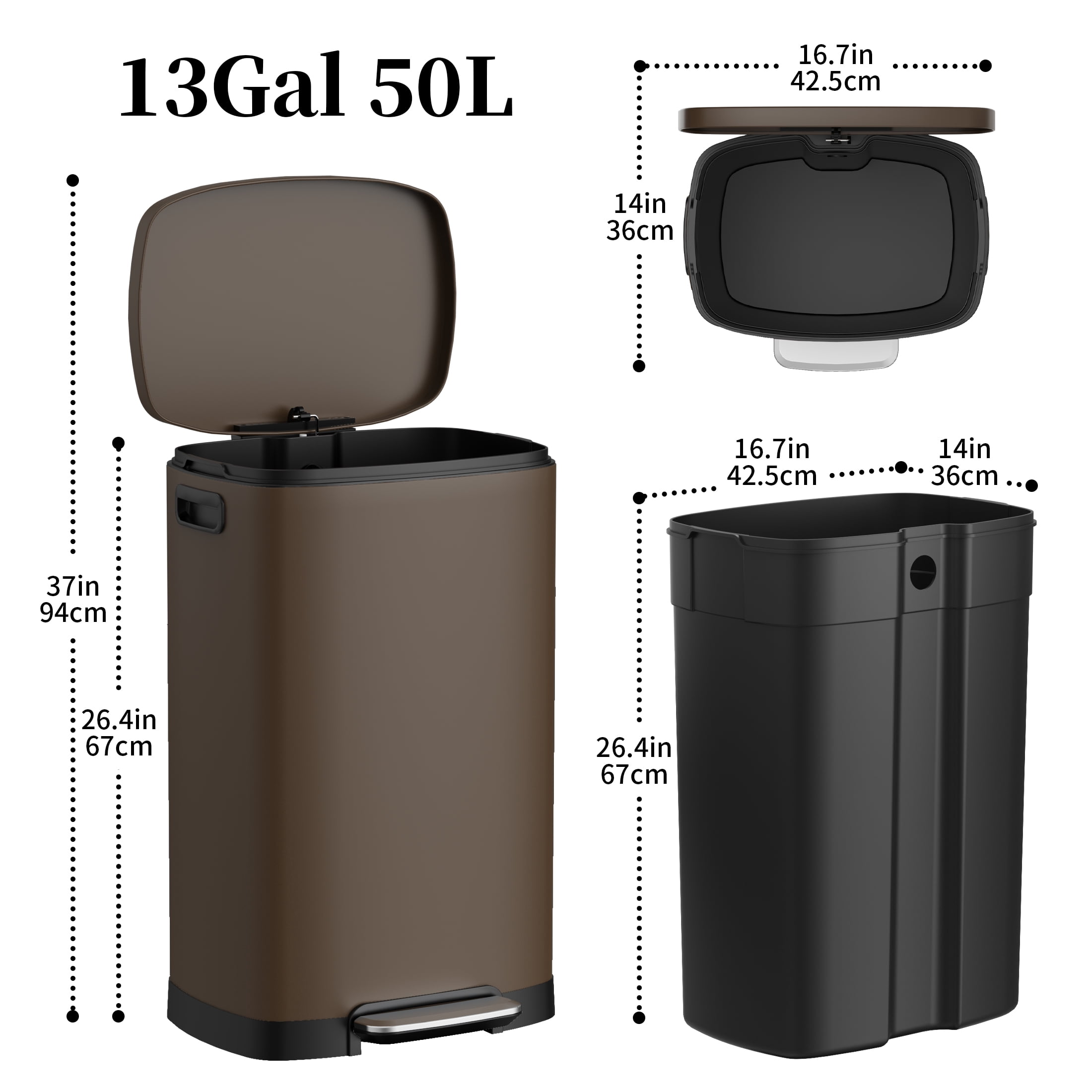 KSSKSS 13 Gallon Trash Can with Lid,Fingerprint-Proof Stainless Steel Kitchen Trash Can with Soft-Close Lid and Removable Inner Bucket,Brown