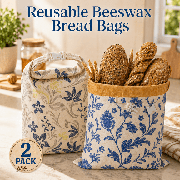 VALUNE 2 Pack Beeswax Bread Bags, XL 13"x17" Large Reusable Cotton & Linen Bread Bag for Sourdough & Homemade Bread, Keep Loaves Fresh Longer, Natural & Easy to Clean (Classic Blue Floral)