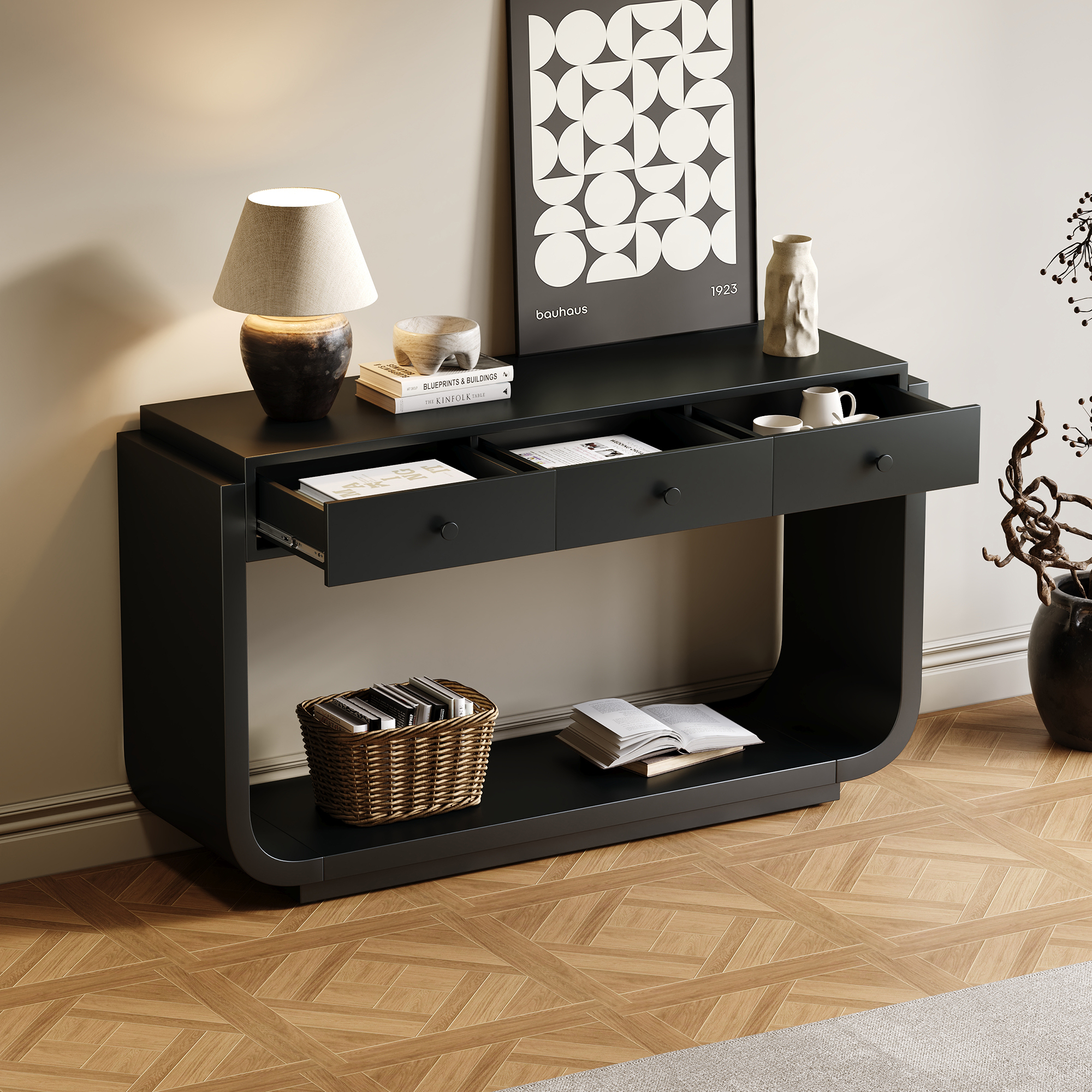 Euroco 55-Inch Antique Console Table, Rectangular Sofa Table Behind the Couch with 3 Drawers & Bottom Open Storage Shelf,Narrow Entryway Table for Hallway, Living Room, Black