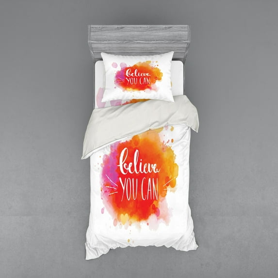 Colorful Duvet Cover Set, Believe You Can Words on Warm Toned Color Splashes Motivational Slogan Design, Bedding Set with Shams and Fitted Sheet, 3 Sizes, by Ambesonne