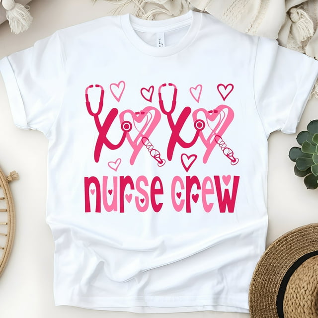 Nurse Crew T-Shirt with Pink Heart Stethoscope Design, White, Size 2XL