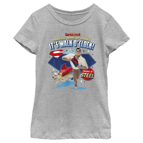 Girl's DC League of Super-Pets Superman and Krypto Walk O'Clock  Graphic Tee Athletic Heather Large