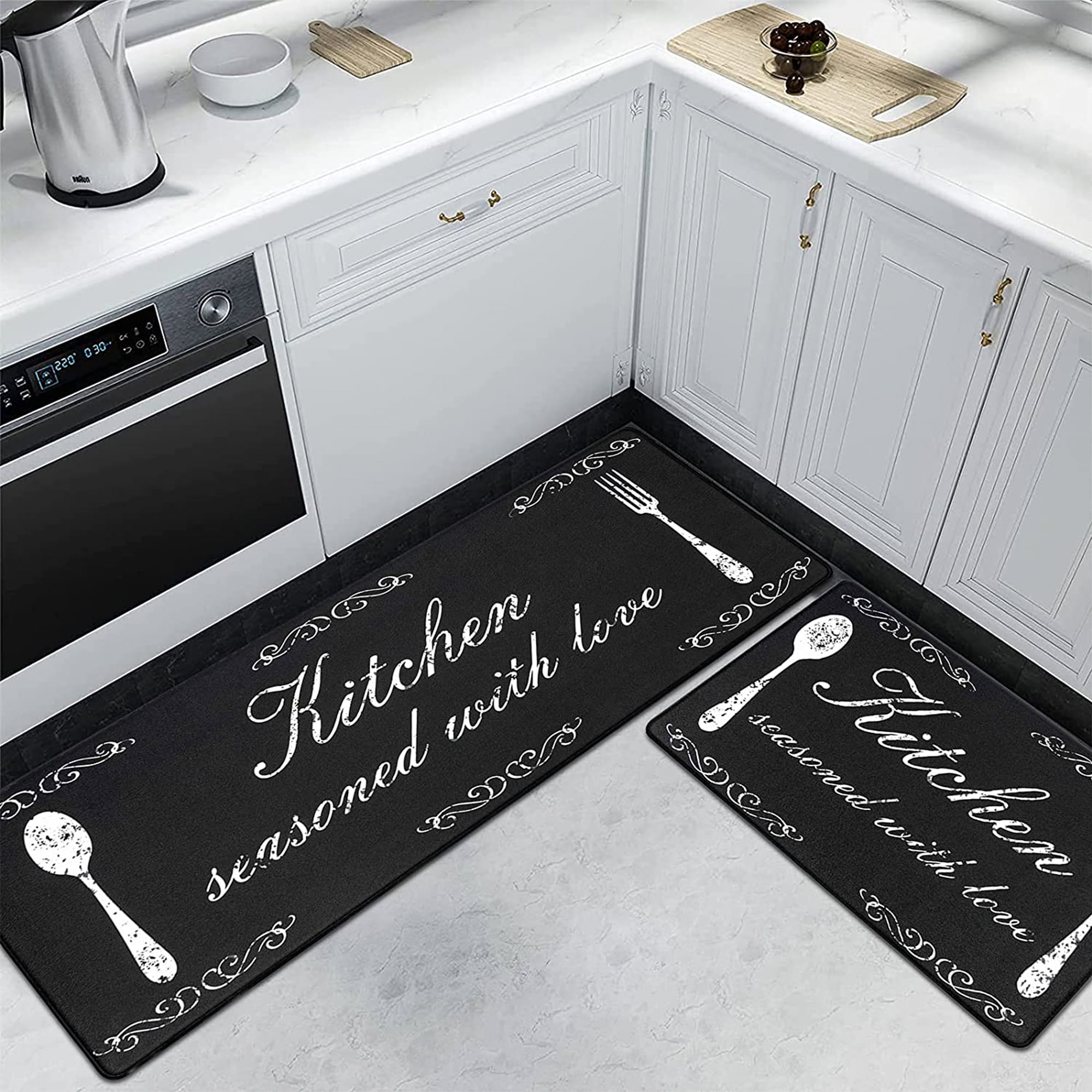 Findosom 2pcs Anti-Fatigue Kitchen Rugs Set Non Slip Waterproof Kitchen Runner Rug and Mat 0.4" Thickness Comfort Standing Mat for Kitchen, Floor, Office, Sink, Laundry 18"x47"+18"x30" Black