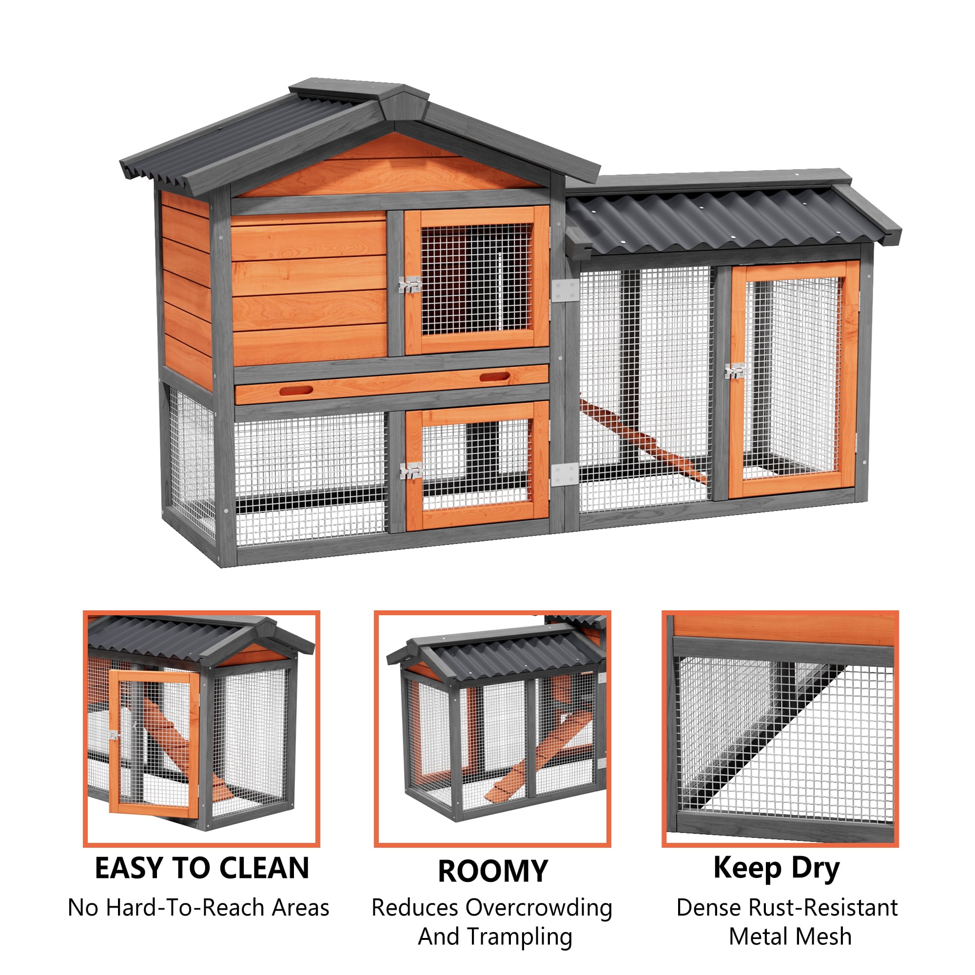 Outdoor 2 Story Quail Cage for 6 Quail with Weatherproof Brooder Box, Indoor Hutch for Guinea pig with Tray, Orange