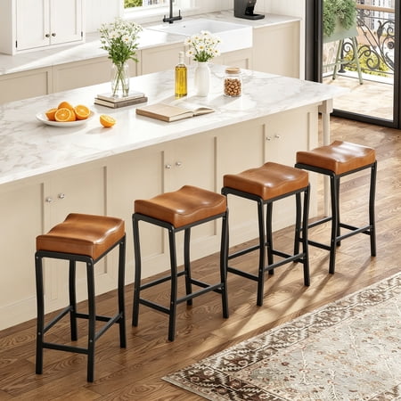Bar Stools Set of 4, 26 Inch Counter Height Bar Stools, Modern Saddle Bar Stools with Thick Faux Leather Seat, Metal Frame & Footrest, Kitchen Island Stools for Dining Room Pub Café, Brown